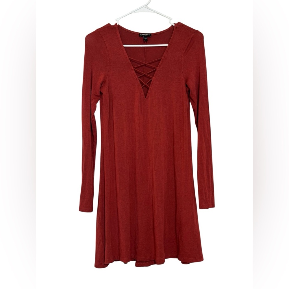 Express Burnt Orange Criss Cross V-Neck Long Sleeve Mini Dress | Size Small NWOT - Picture 1 of 5